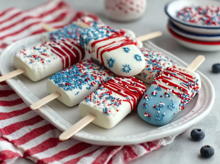A plate of red, white and blue ice cream pops.