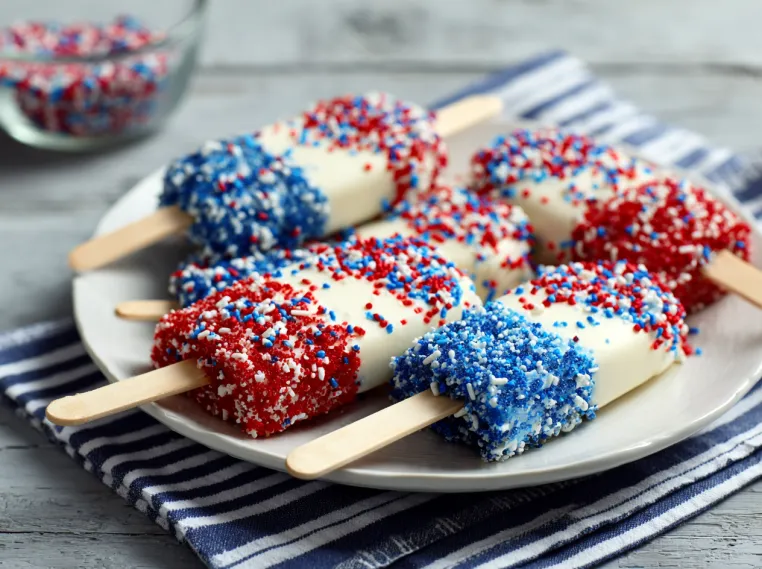 A plate of red, white and blue popsicles.