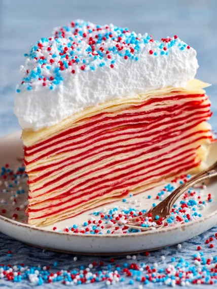 A slice of red, white and blue cake.
