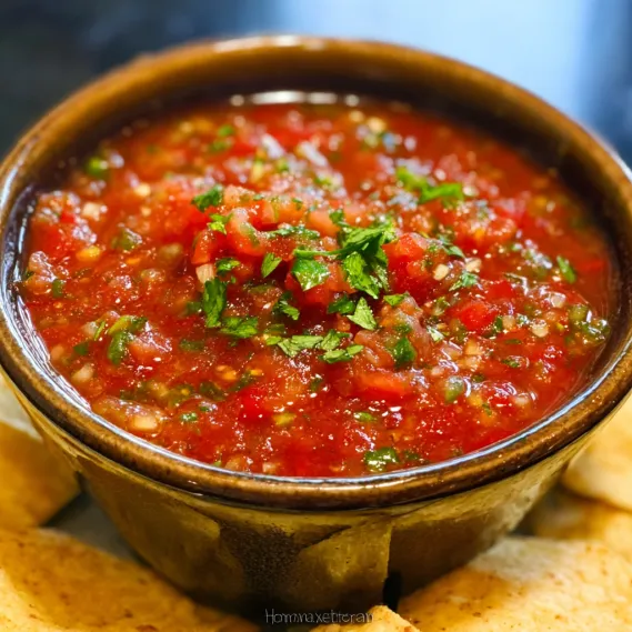 A bowl of salsa with tomatoes and green leaves.