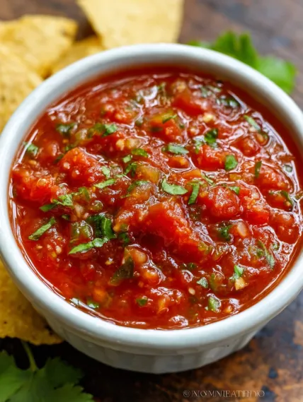 A bowl of salsa with green toppings.