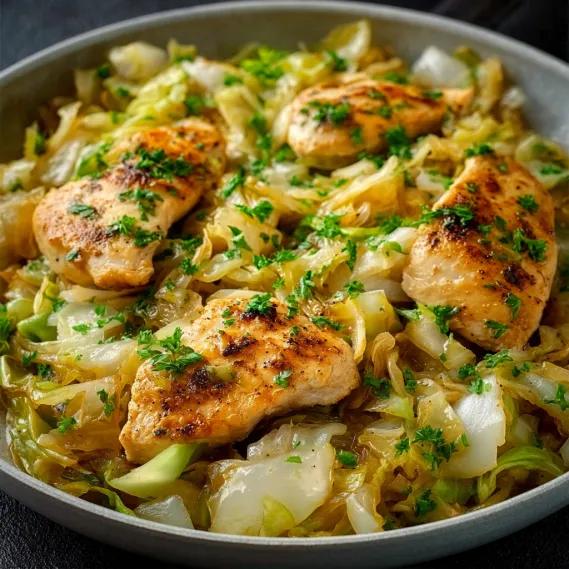 A pan of chicken and vegetables.