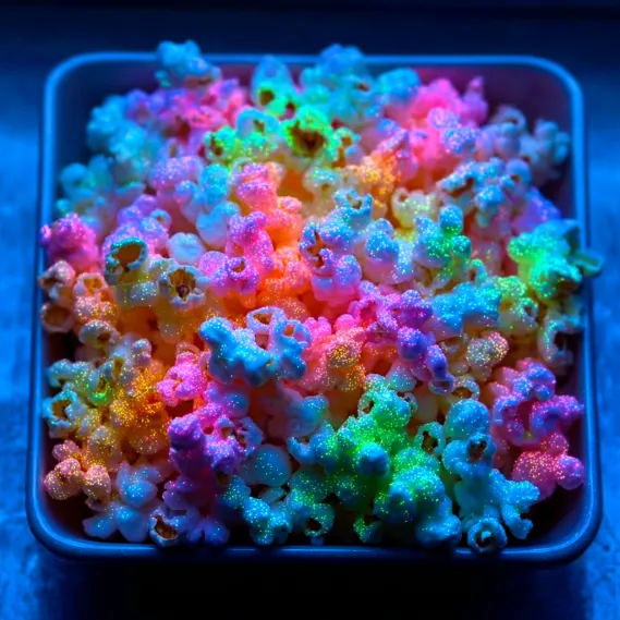 A bowl of colorful popcorn.