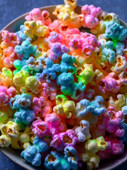 A bowl of colorful popcorn.