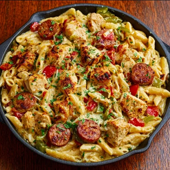 A bowl of pasta with sausage and tomatoes.
