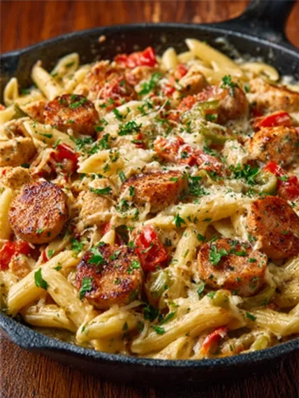 A bowl of pasta with meat and vegetables.