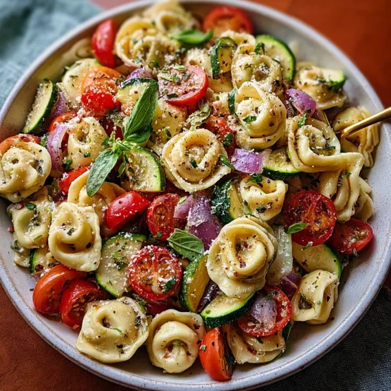 A bowl of pasta with tomatoes, zucchini, and basil.