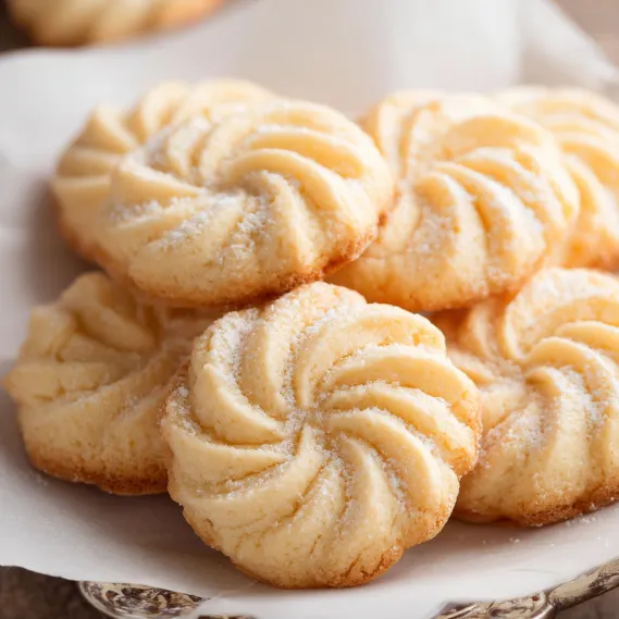 A plate of cookies with powdered sugar on top.