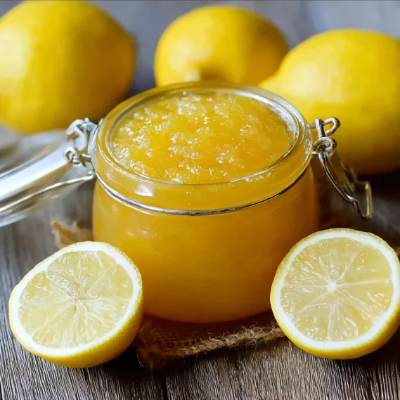 A jar of lemon juice with lemons on either side.