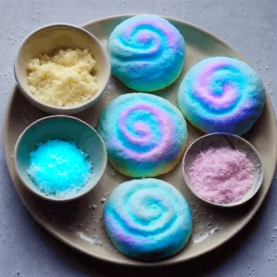 A plate with 6 colorful desserts.