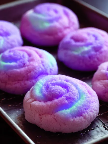 A tray of cookies with purple and blue lights.