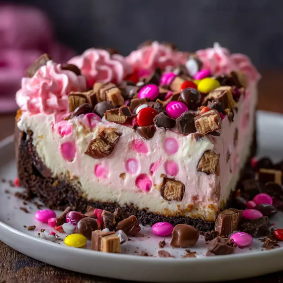 A slice of cake with chocolate and pink frosting.