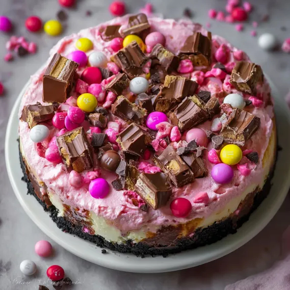 A cake with chocolate and pink frosting.