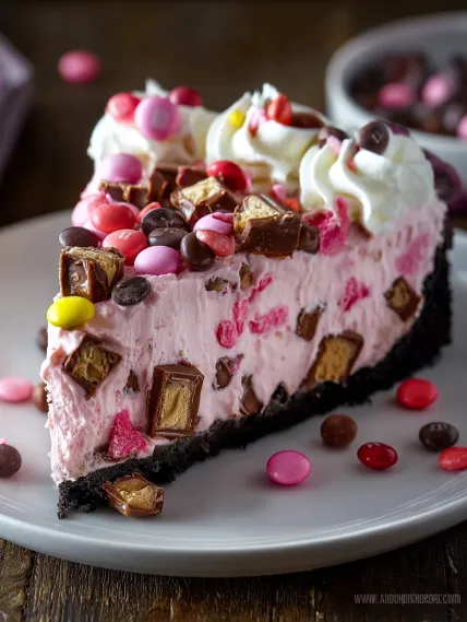 A slice of pink cake with chocolate and candy toppings.