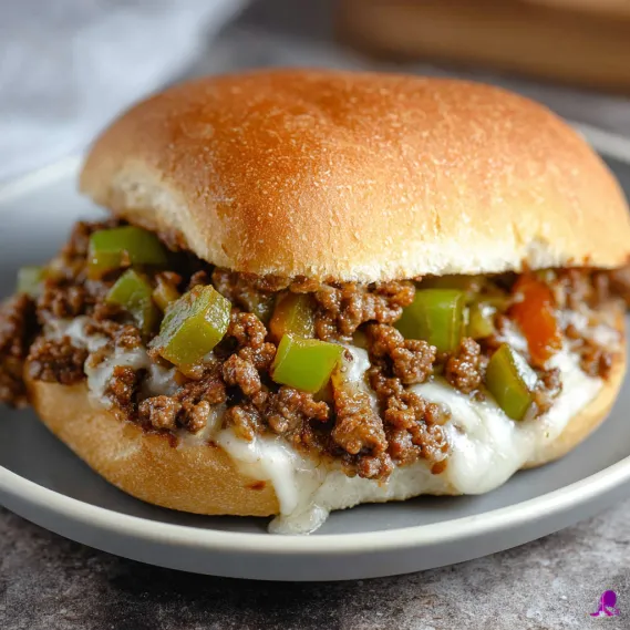 A sandwich with meat and cheese on a plate.