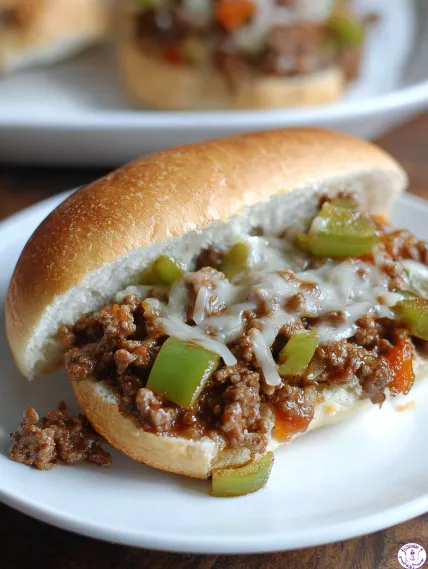 A sandwich with meat and peppers on a white plate.