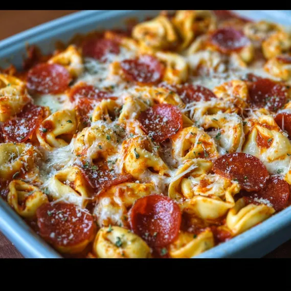 A dish of pasta with pepperoni and cheese.