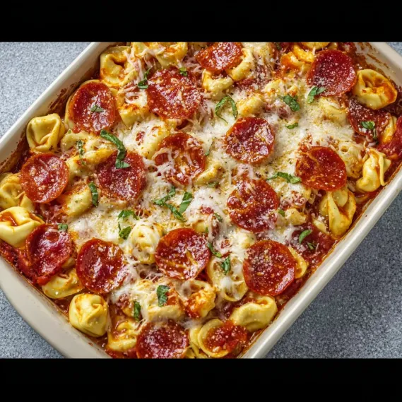 A dish of pasta with pepperoni and cheese.