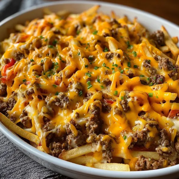A bowl of cheese and meat covered fries.