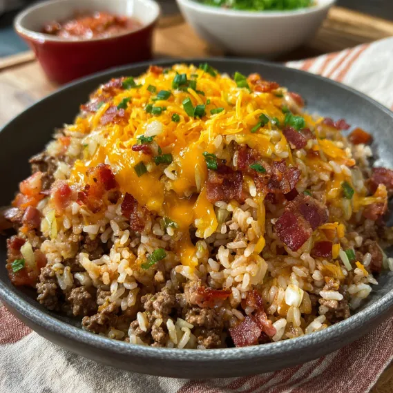 A bowl of food with cheese and bacon.