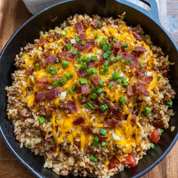 A skillet with a delicious meal of rice, bacon, and cheese.