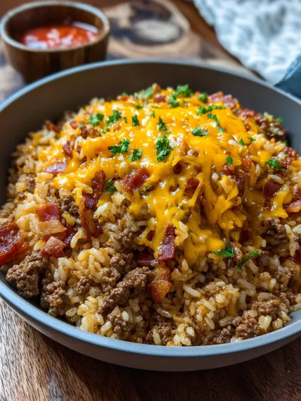 A bowl of rice with cheese and bacon.