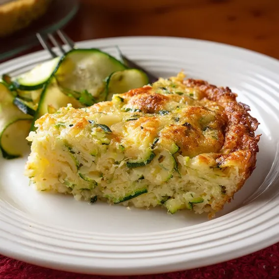 A slice of zucchini casserole on a white plate.
