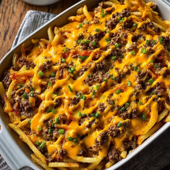 A dish of food with cheese and fries.