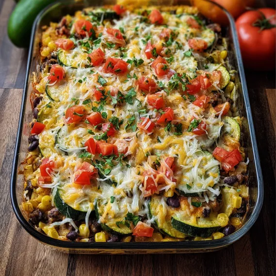 A pan of food with tomatoes, zucchini, and cheese.
