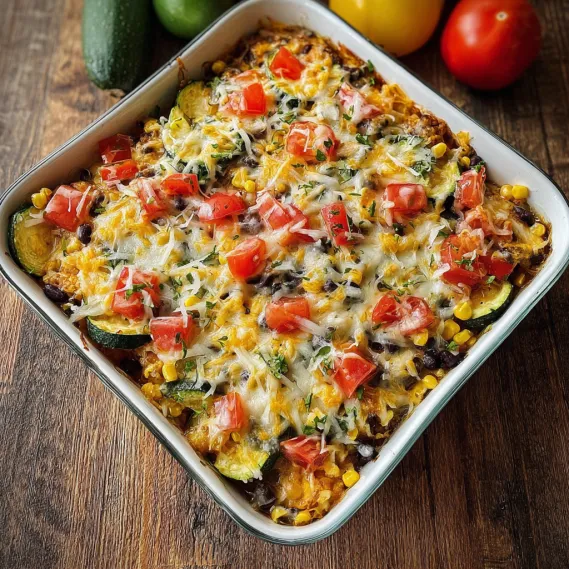 A dish of food with tomatoes, corn, and cheese.