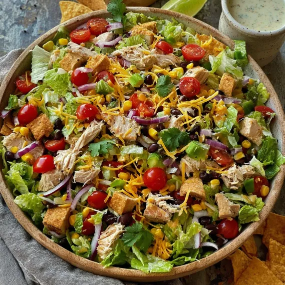 A salad with chicken, tomatoes, lettuce, and cheese.