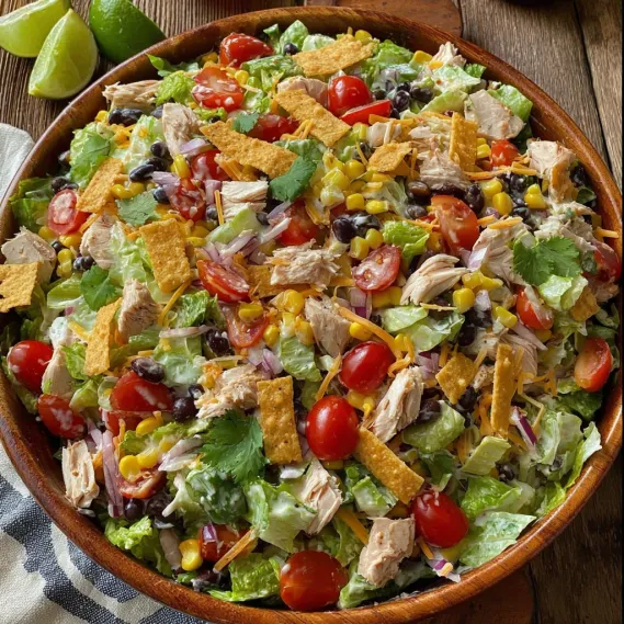 A bowl of salad with chips on top.