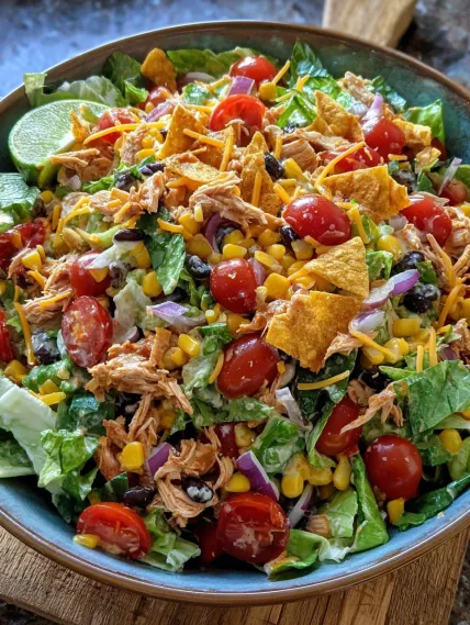 A bowl of salad with chicken, tomatoes, lettuce, and cheese.