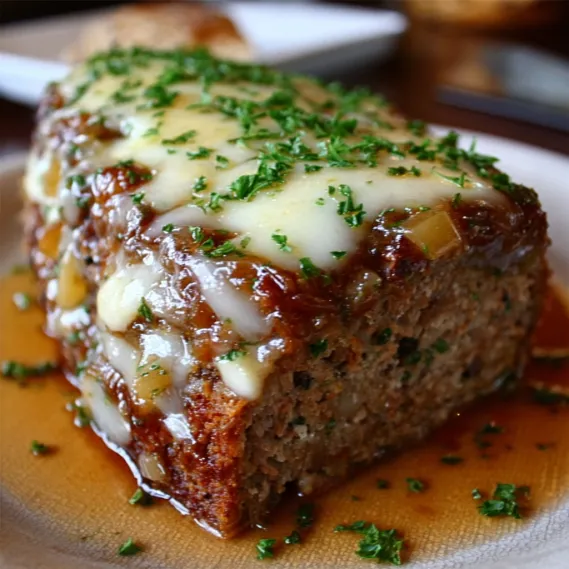 A slice of meat covered in cheese and herbs.