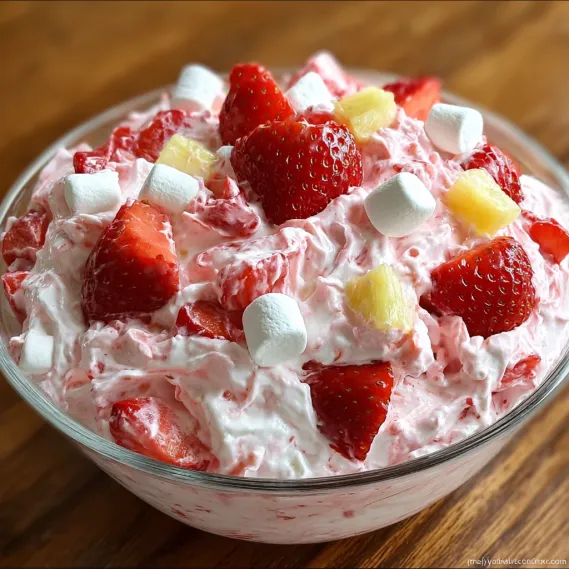 A bowl of strawberry shortcake with marshmallows on top.