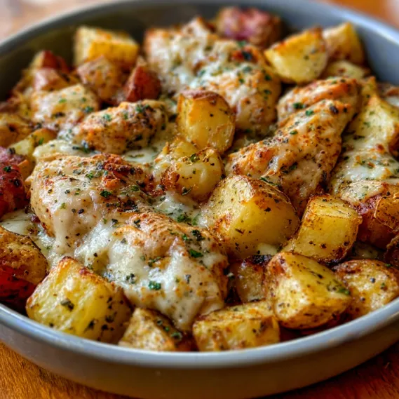 A bowl of food with chicken and potatoes.