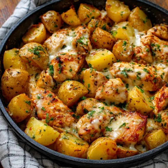 A bowl of food with chicken and potatoes.