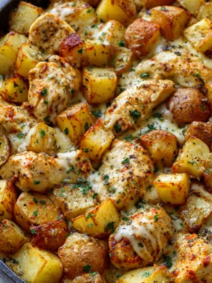 A pizza with chicken, potatoes, and cheese.