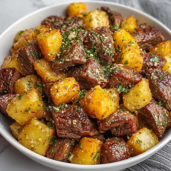 A bowl of meat and potatoes.