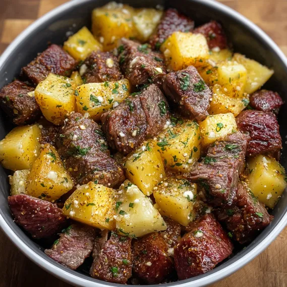 A bowl of meat and potatoes.