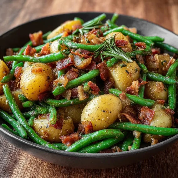 A bowl of food with green beans and bacon.