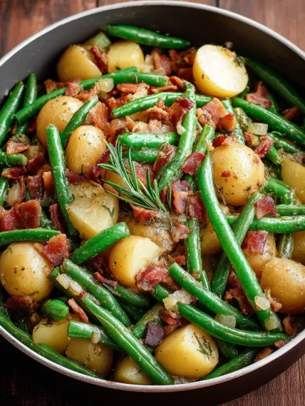 A bowl of food with green beans and potatoes.