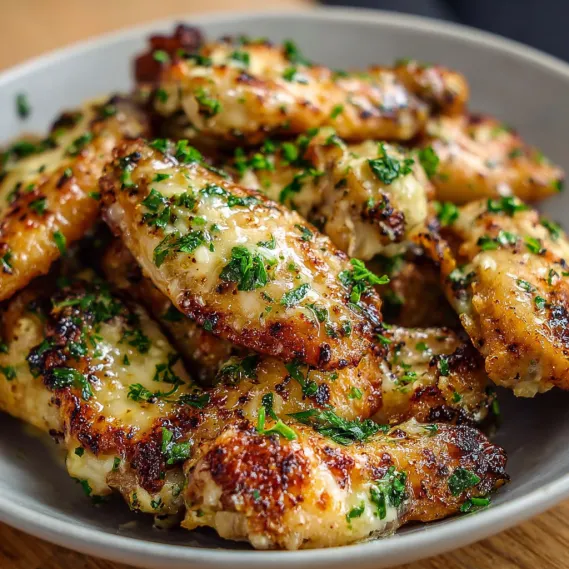 A bowl of chicken wings with herbs.