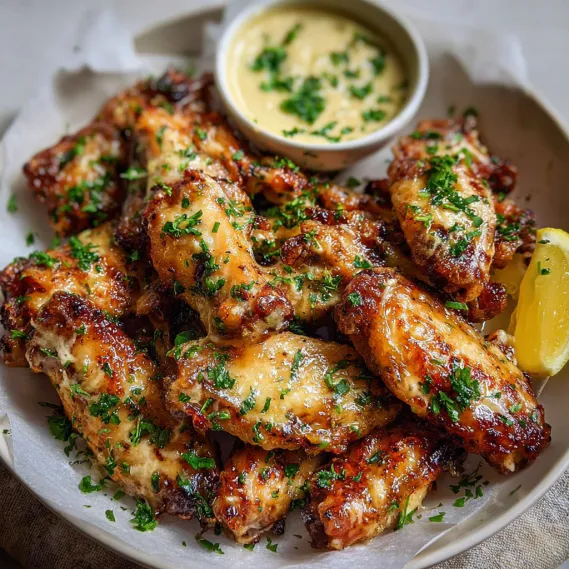 A plate of chicken wings with a dipping sauce.