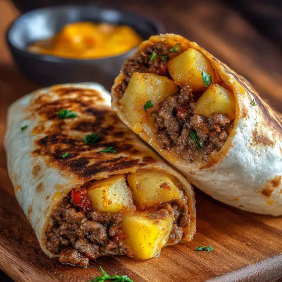 A burrito with meat and potatoes.