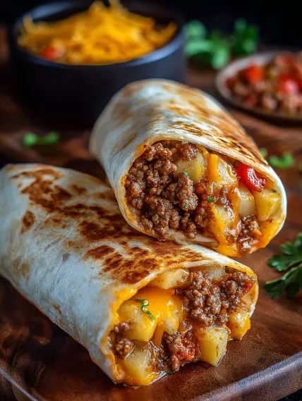 Two burritos with meat and cheese.