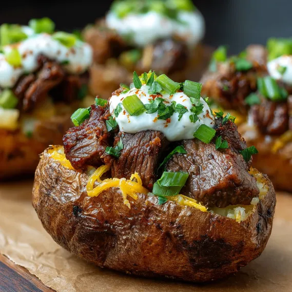 A close up of a potato with meat and cheese on top.
