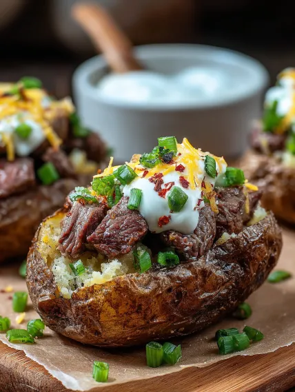 A potato with meat and cheese on top.