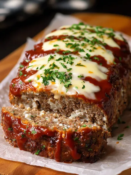 A slice of meat with cheese and sauce.