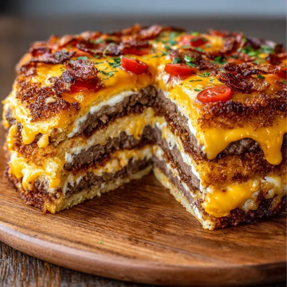 A slice of bacon cheesecake on a wooden table.